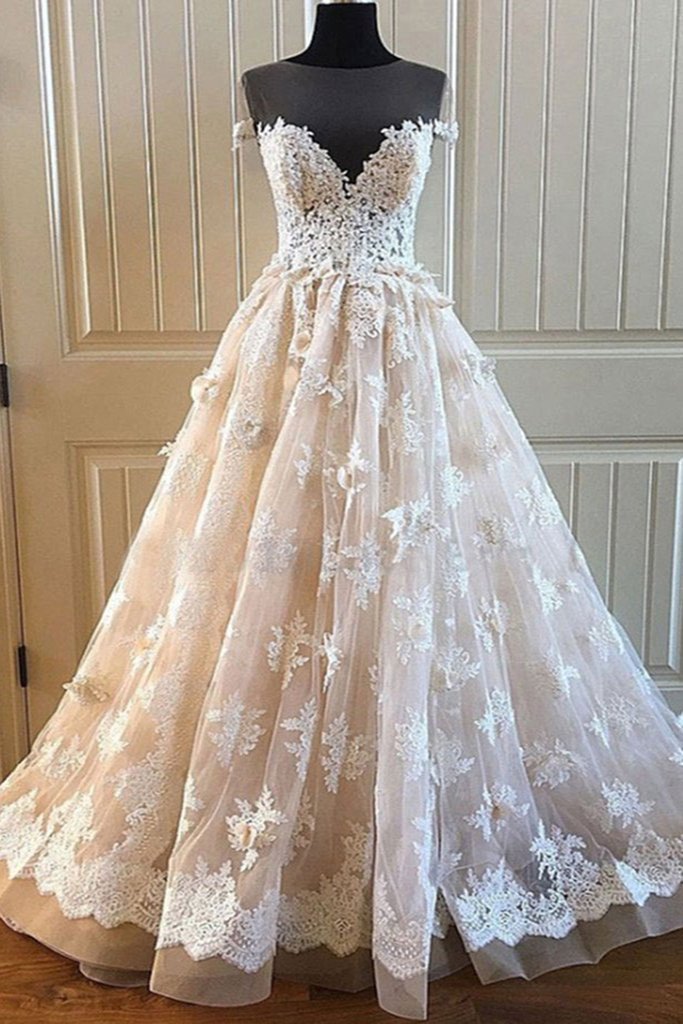 Charming Lace Long A Line Prom Dress, Long Wedding Dress With Cap Sleeves PDE92