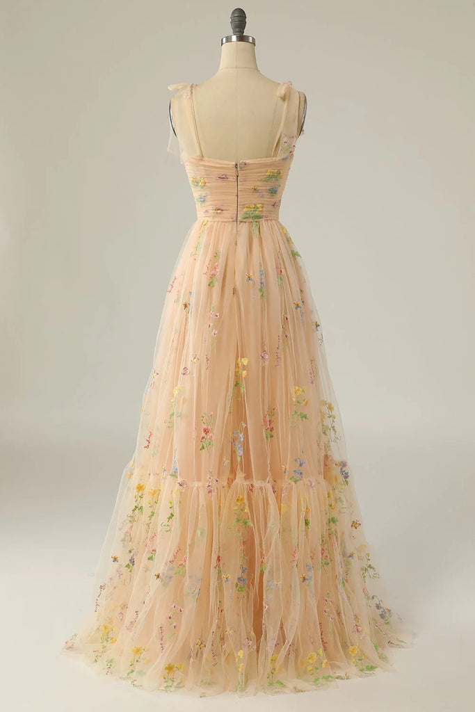 Fairy A Line Sweetheart Embroidery Tulle Spaghetti Straps Floor Length Prom Dress OM0365