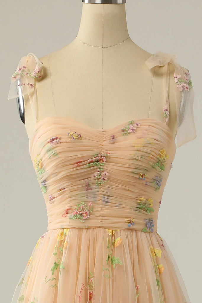 Fairy A Line Sweetheart Embroidery Tulle Spaghetti Straps Floor Length Prom Dress OM0365