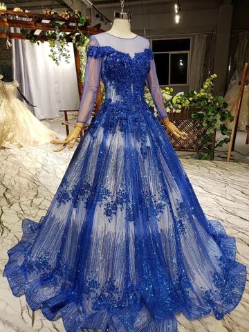 Charming Long Sleeve Tulle Royal Blue Applique Ball Gown Prom Dresses with Beads PDN74