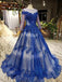 Charming Long Sleeve Tulle Royal Blue Applique Ball Gown Prom Dresses with Beads PDN74