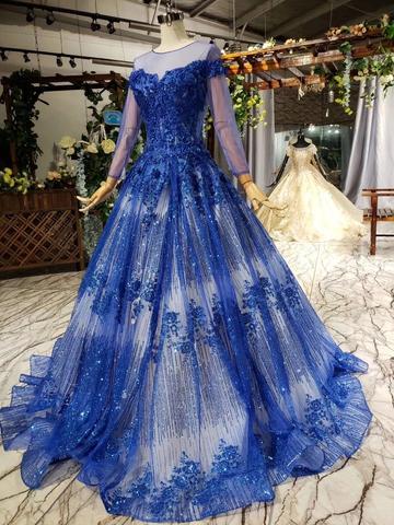 Charming Long Sleeve Tulle Royal Blue Applique Ball Gown Prom Dresses with Beads PDN74