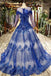 Charming Long Sleeve Tulle Royal Blue Applique Ball Gown Prom Dresses with Beads PDN74