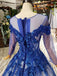 Charming Long Sleeve Tulle Royal Blue Applique Ball Gown Prom Dresses with Beads PDN74