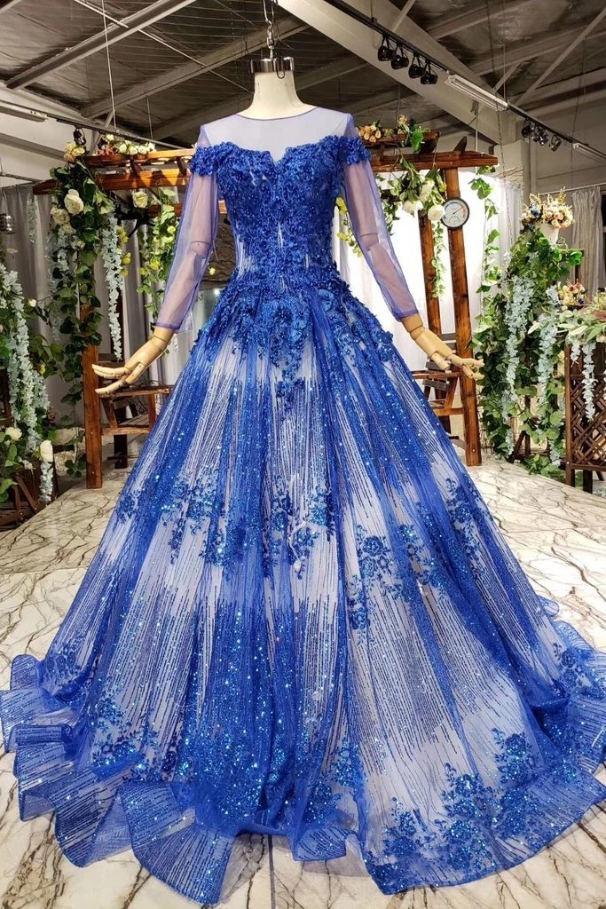 Charming Long Sleeve Tulle Royal Blue Applique Ball Gown Prom Dresses with Beads PDN74