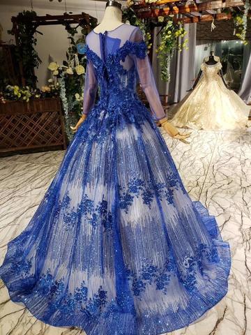 Charming Long Sleeve Tulle Royal Blue Applique Ball Gown Prom Dresses with Beads PDN74