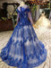 Charming Long Sleeve Tulle Royal Blue Applique Ball Gown Prom Dresses with Beads PDN74