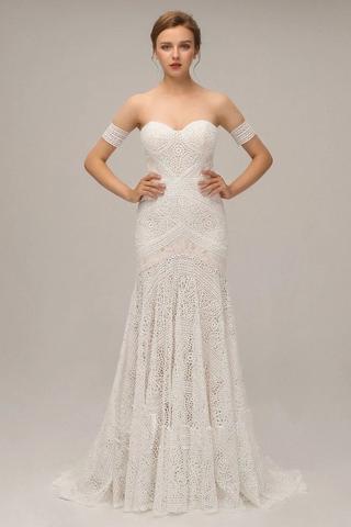 Charming Ivory Lace Mermaid Beach Wedding Dresses Sweetheart Boho Bridal Dresses PDN95
