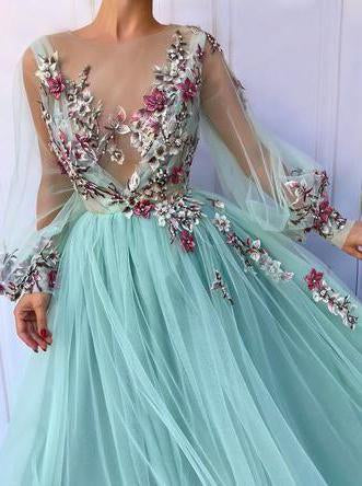 Princess Scoop Floral Appliques Long Puffy Sleeves Prom Dress PDI31