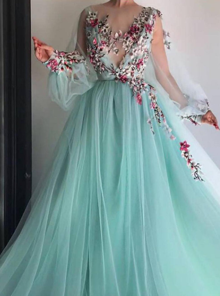 Princess Scoop Floral Appliques Long Puffy Sleeves Prom Dress PDI31