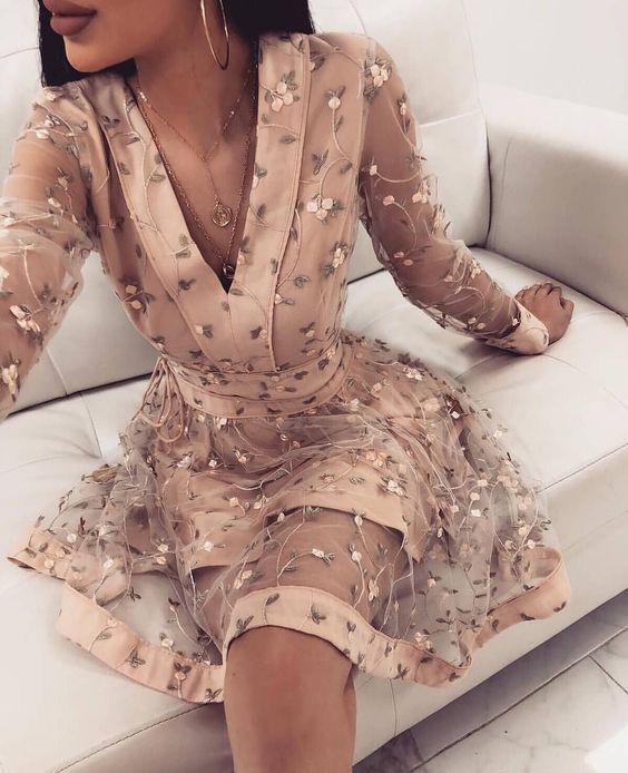 Cute Pink Long Sleeve Homecoming Dresses, V Neck Short Prom Dress PDO62