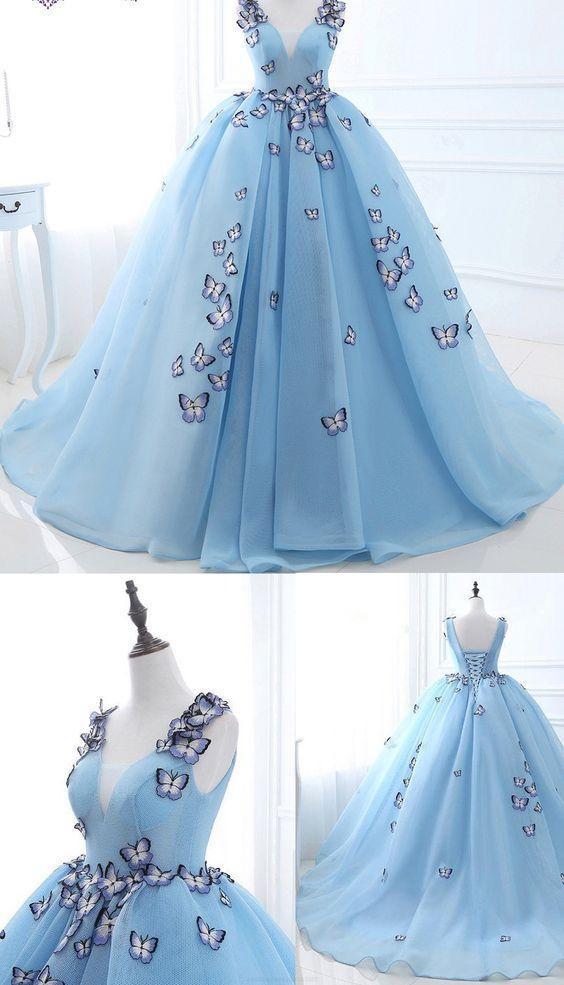 Ball Gown Long Sky Blue Butterfly V Neck Prom Dress,Quinceanera Dresses PDE79