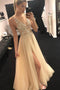 Cheap V-Neck Beading Tulle Long Prom Dress, Junior Split Evening Party Dress PDI32