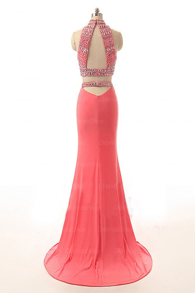 Elegant Two Pieces Watermelon Mermaid Beaded Long Sheath Modest Prom Dresses PD183