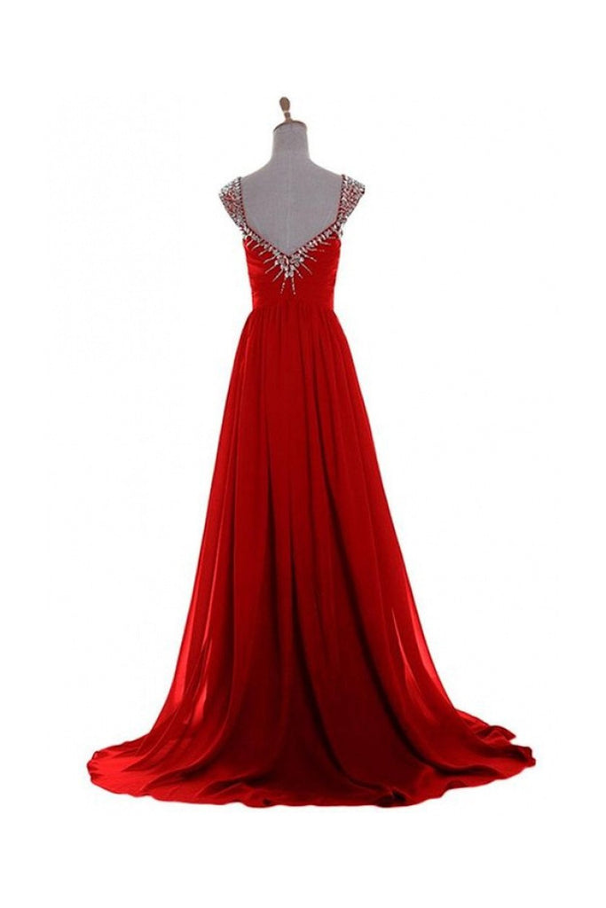 Simple A Line V Neck Red Cap Sleeves Backless Chiffon Prom Dresses, Backless Party Dress PD179