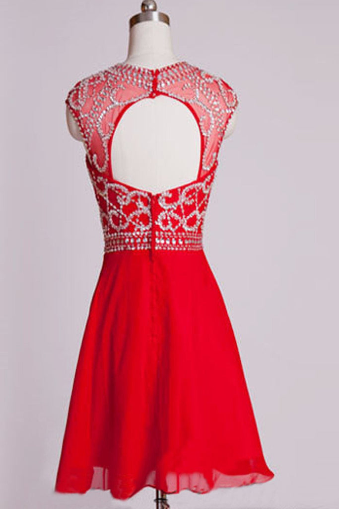 Round Neck Open Back Homecoming Dresses Red Chiffon Cap Sleeves Short Prom Dress HD03