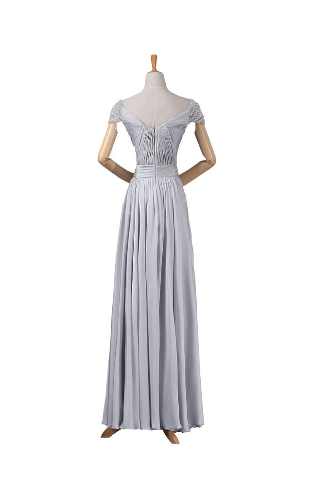 Modest Gray Chiffon Long Cap Sleeves V Neck Prom Dresses, Bridesmaid Dresses TD102