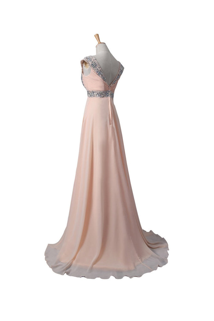 Elegant Blush Pink Cap Sleeves V Neck Chiffon Beaded Long Prom Evening Dresses TD49