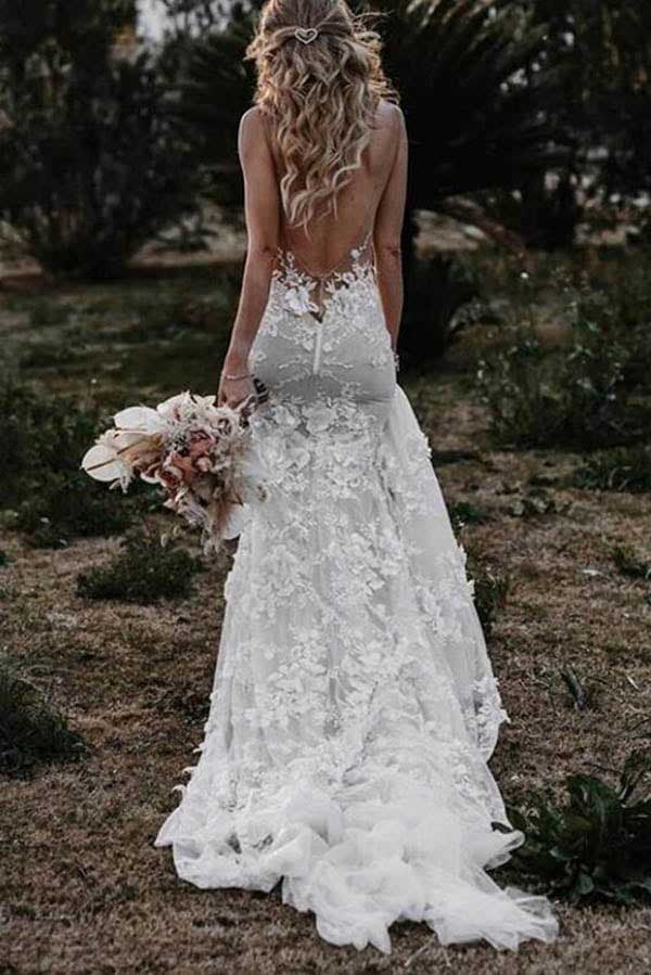 Elegant Ivory Mermaid Lace Appliques Tulle Wedding Dresses, Beach Bridal Dress OW0002