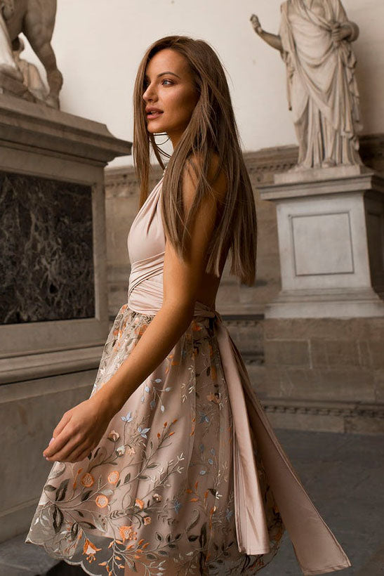 A Line V Neck Pink Criss Cross Lace Homecoming Dresses, Short Bridesmaid Dresses SK34