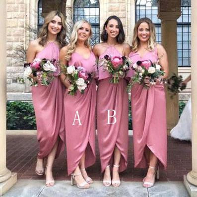 Modest Pink High Low Long Bridesmaid Dress with Ruffles PDG62