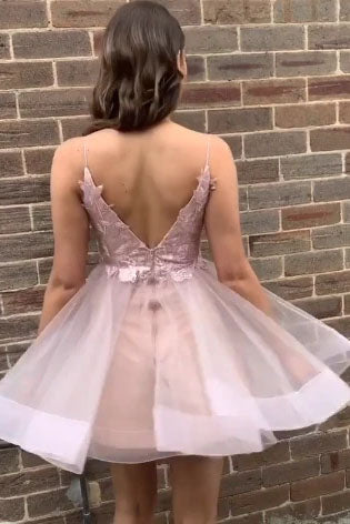Simple Spaghetti Straps V Neck Backless Pink Homecoming Dress, Short Prom Dresses SK36