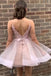 Simple Spaghetti Straps V Neck Backless Pink Homecoming Dress, Short Prom Dresses SK36