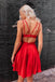 Simple A Line Red V Neck Satin Open Back Mini Homecoming Dresses, Short Dresses SK21