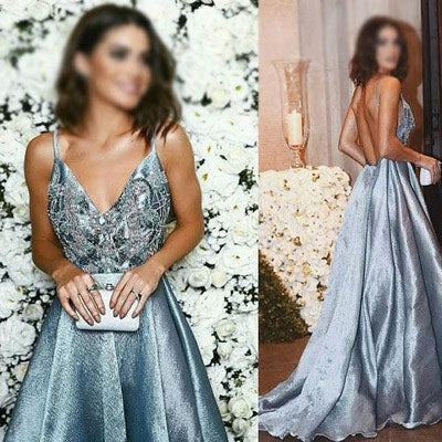 Elegant A-Line Backless Sexy Spaghetti Straps V Neck Beading Prom Dresses, Party Dresses SK06
