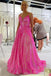Charming A line Hot Pink Sequins V neck Prom Dresses Long Shiny Evening Dresses OM0126