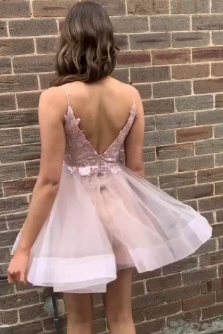 Simple Spaghetti Straps V Neck Backless Pink Homecoming Dress, Short Prom Dresses SK36
