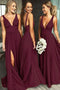 A Line Burgundy V Neck Ruffles Slit Bridesmaid Dresses, Long Cheap Prom Dresses SK12