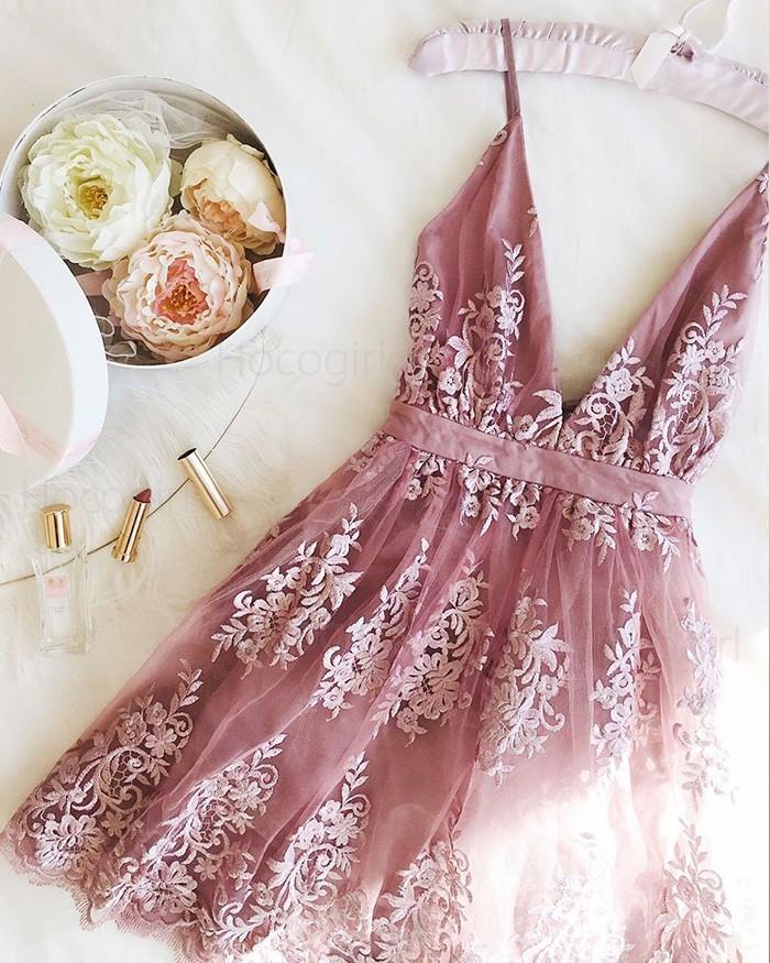 A Line Lace Appliqued V-neck Short Homecoming Dress PDO68