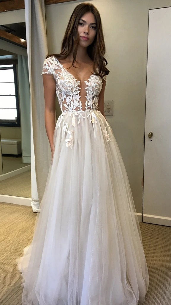 Charming Deep V Neck Tulle Prom Dresses with Appliques Backless Split Wedding Dresses SK07