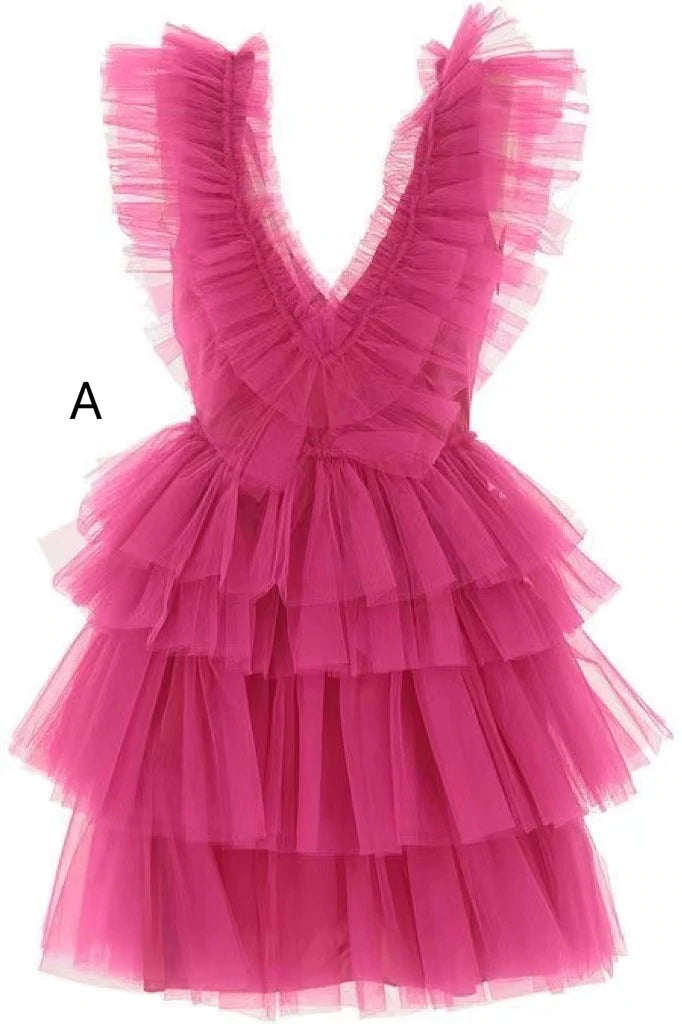 New Arrival Hot Pink A Line Tulle Homecoming Dresses, Tiered Mini Graduation Prom Dress OMH0101