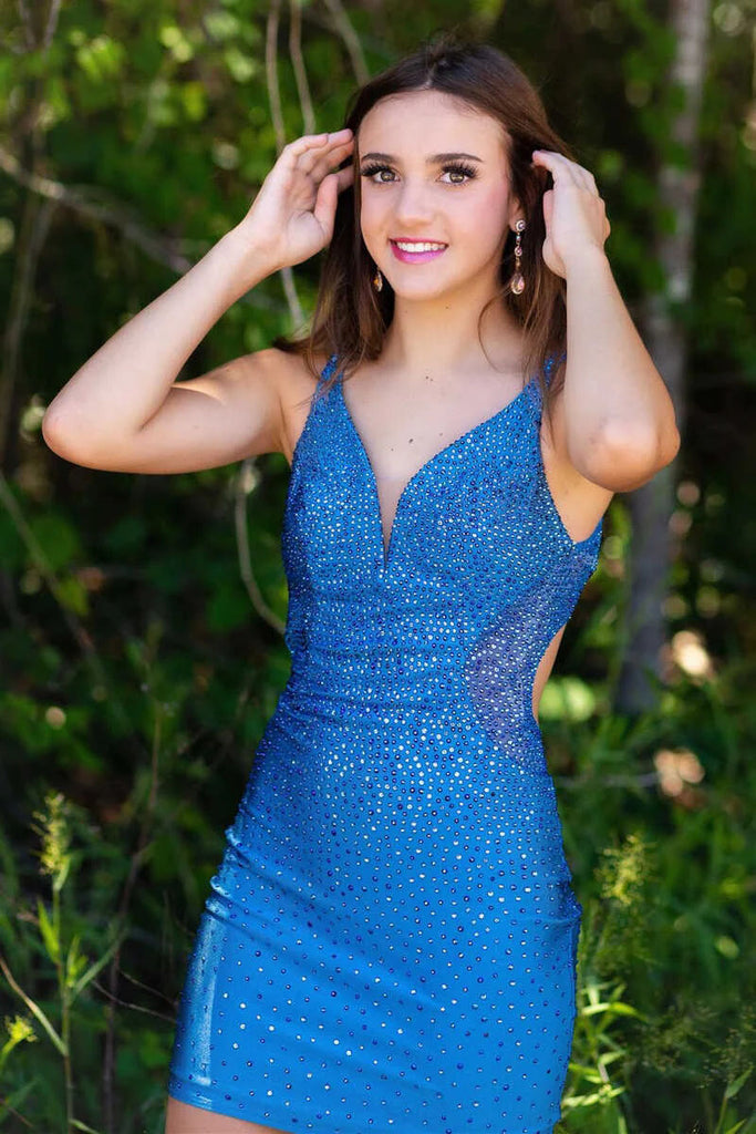 Hot Pink Sequins V neck Straps Mint Sheath Homecoming Dress Backless Cocktail Dress OMH0199