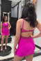 Hot Pink Sequins V neck Straps Mint Sheath Homecoming Dress Backless Cocktail Dress OMH0199