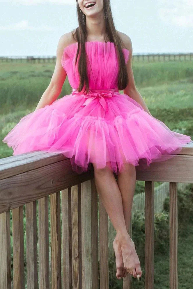 Light Pink Tulle Strapless Short Homecoming Dress with Sash, Graduation Dresses OMH0196