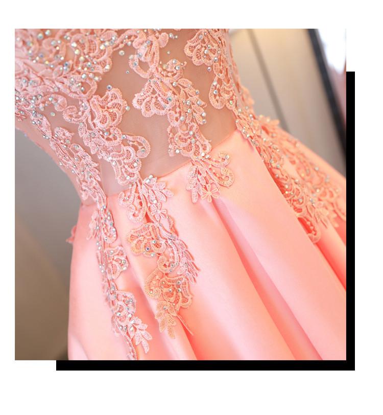 Blush Pink A Line Cap Sleeves Appliques Beaded Long Prom Dresses PDJ85