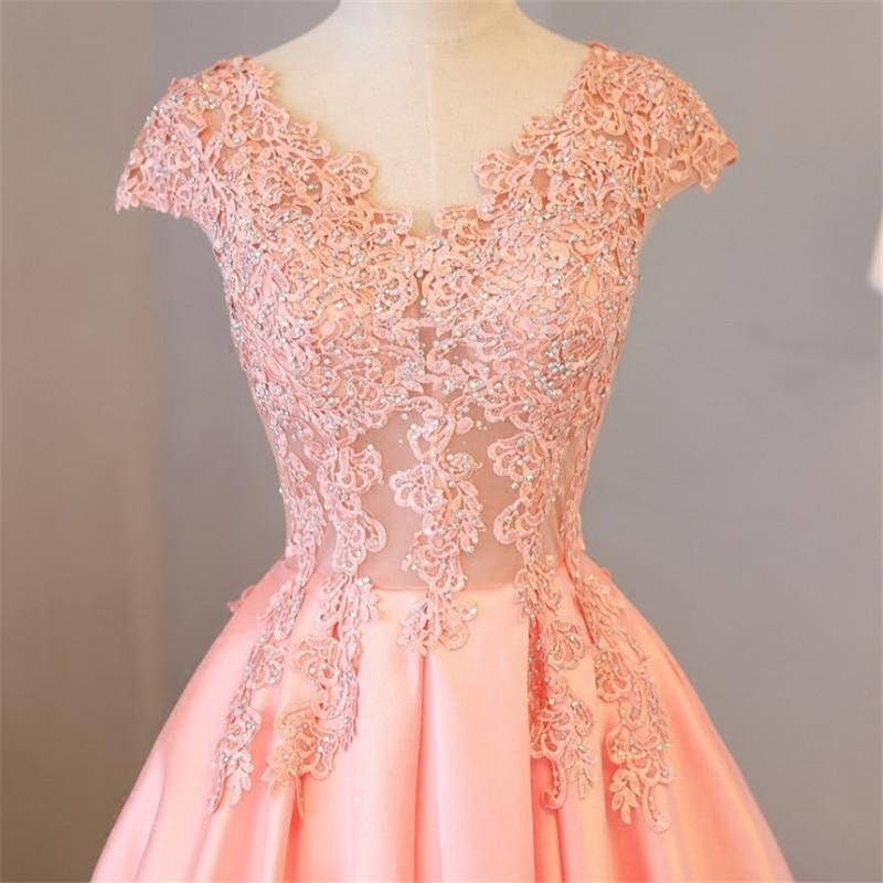 Blush Pink A Line Cap Sleeves Appliques Beaded Long Prom Dresses PDJ85
