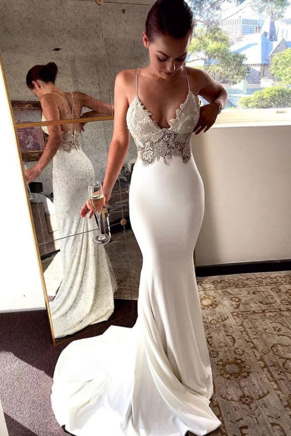 Deep V Neck Spaghetti Straps Ivory Lace Backless Mermaid Prom Dress, Wedding Dresses SK13