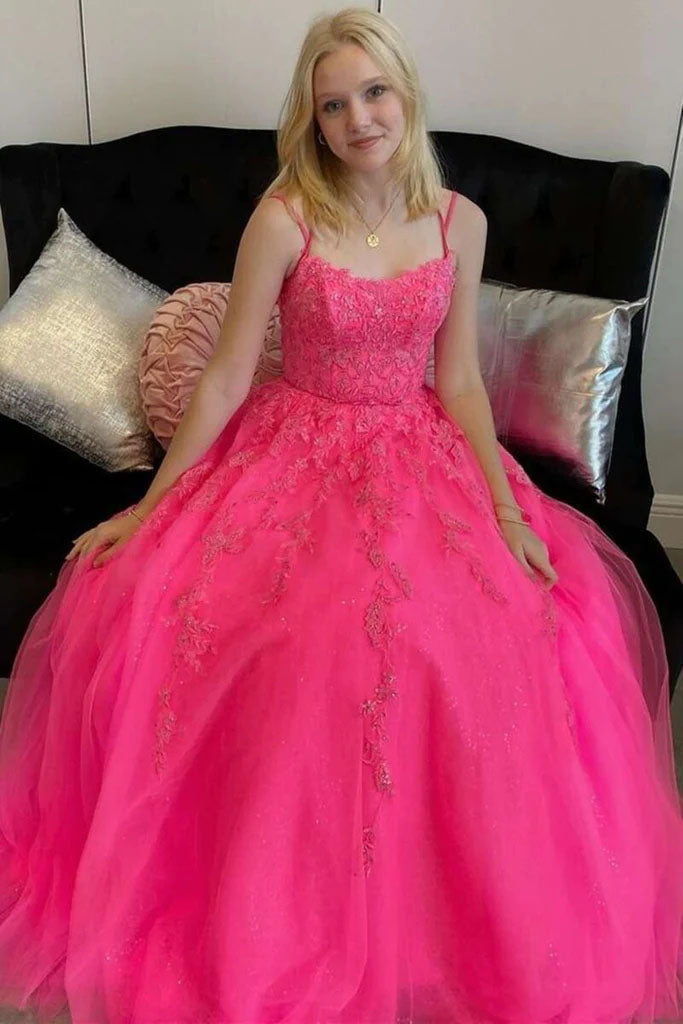 Hot Pink Tulle Lace A line Long Prom Dresses, Appliques Evening Dresses With Lace Up OM0284
