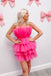 Hot Pink Strapless Tulle Tiered Short Prom Dresses, Sleeveless Homecoming Dress OMH0205