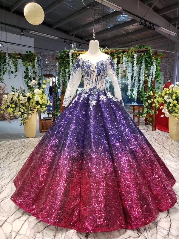 Ball Gown Long Sleeves Sequins Ombre Prom Dress, Pretty Quinceanera Dress PDQ45