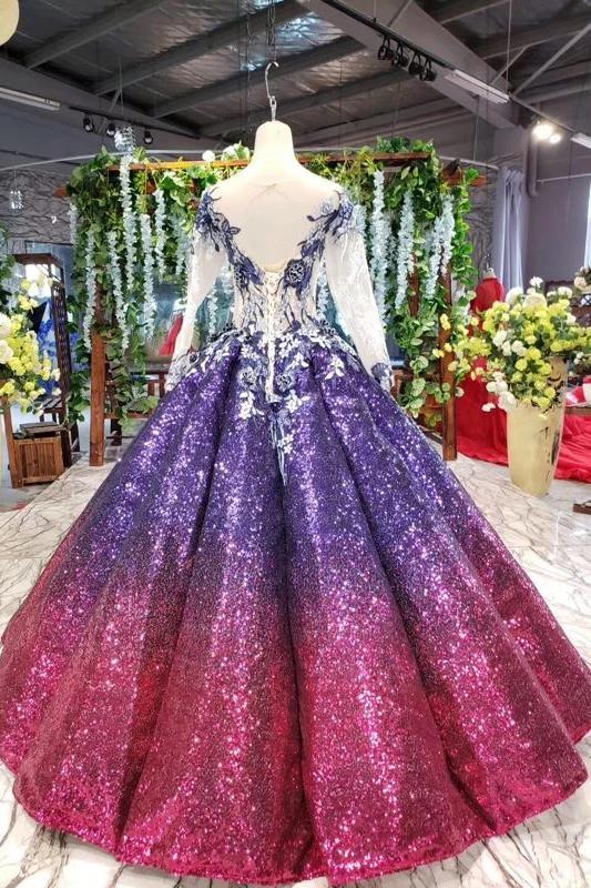 Ball Gown Long Sleeves Sequins Ombre Prom Dress, Pretty Quinceanera Dress PDQ45