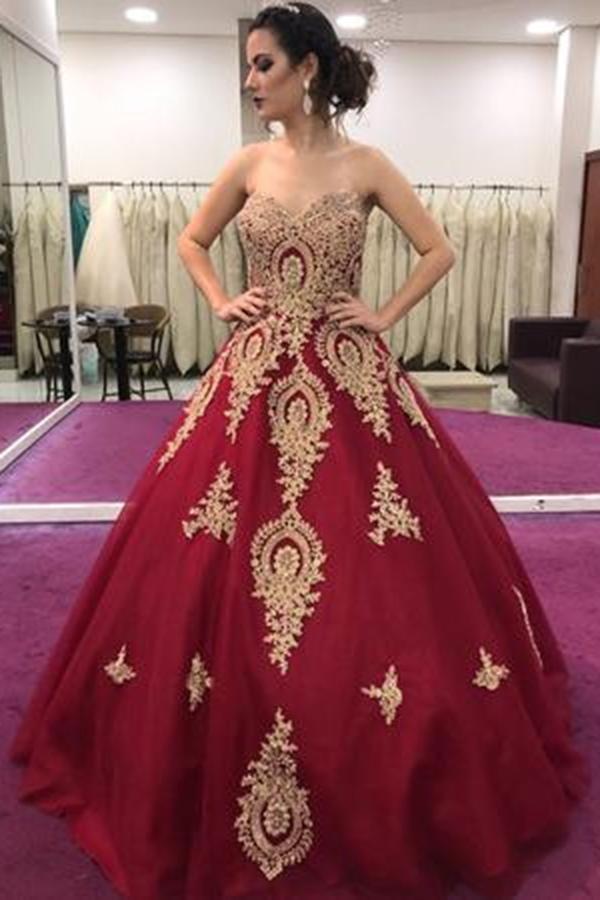 Gold Lace Appliques Sweetheart Ball Gown Prom Dress Sweet 16 Dress Quinceanera Dresses PDI59