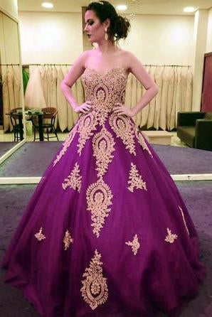 Gold Lace Appliques Sweetheart Ball Gown Prom Dress Sweet 16 Dress Quinceanera Dresses PDI59