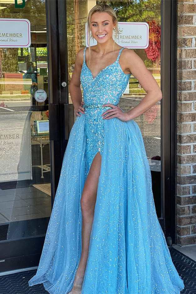 Ice Blue Sequin V-Neck Mermaid Straps Long Prom Dress With Detachable Train OM0245