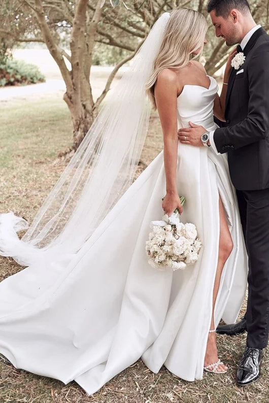 Simple A-Line Ivory Satin Strapless Sweetheart Wedding Dresses with Ruffles High Split OW0058
