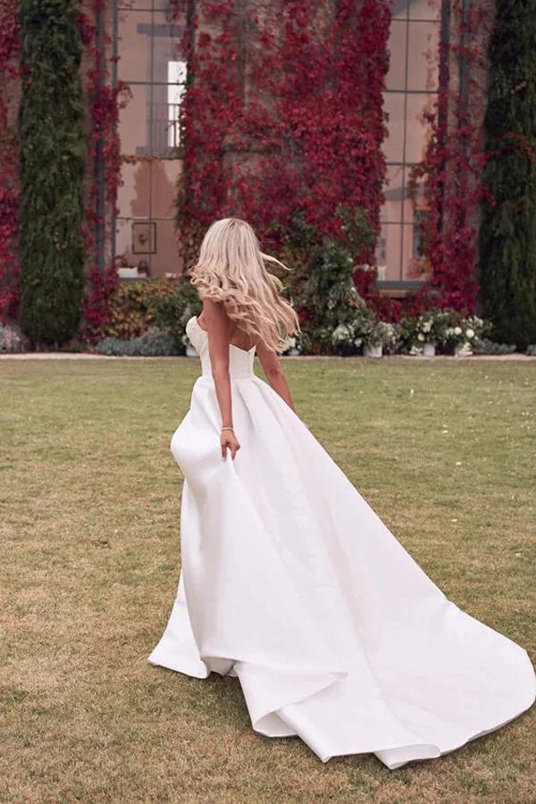 Simple A-Line Ivory Satin Strapless Sweetheart Wedding Dresses with Ruffles High Split OW0058